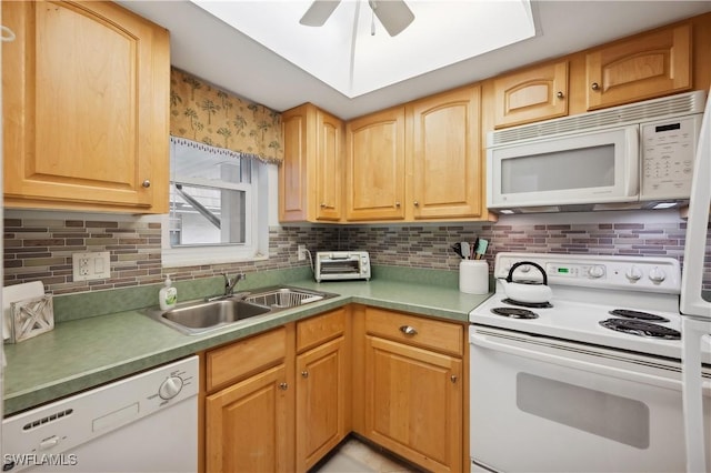 kitchen featuring backsplash, ceiling fan, sink, and white appliances