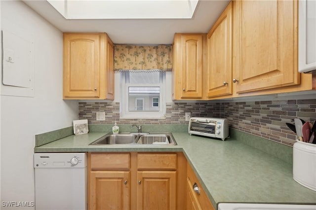 kitchen with dishwasher, light brown cabinets, backsplash, electric panel, and sink