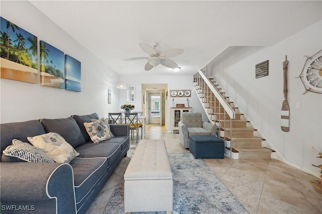 living room with ceiling fan