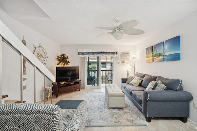 tiled living room featuring ceiling fan