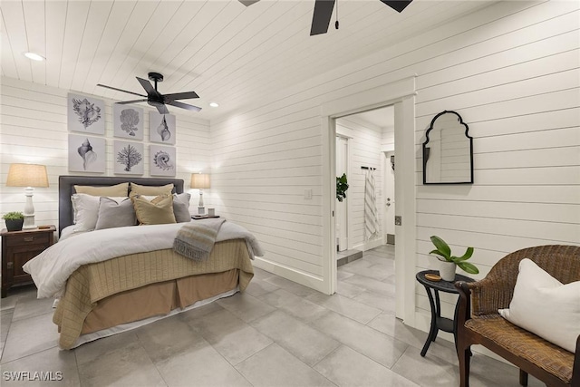 bedroom with wooden ceiling, ceiling fan, and recessed lighting