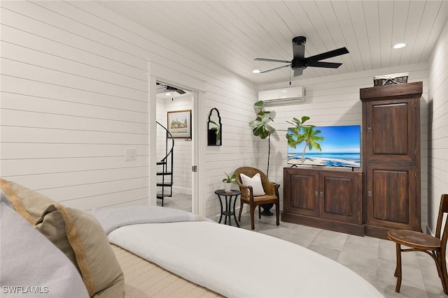 bedroom with wooden ceiling, recessed lighting, wooden walls, and a wall mounted air conditioner