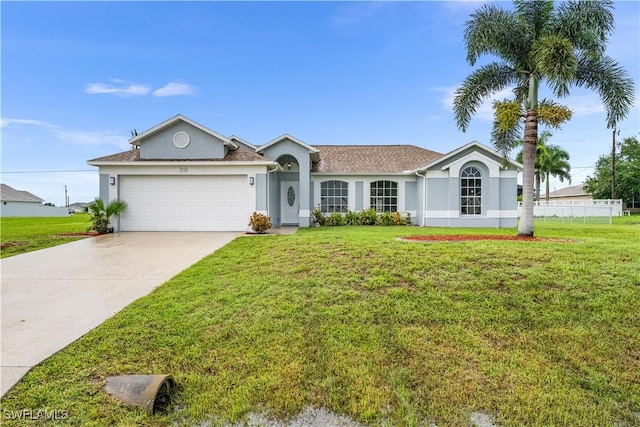 ranch-style home featuring a garage and a front lawn