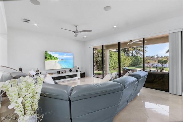 living room featuring light tile patterned flooring