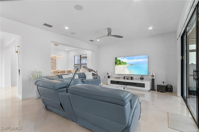 living room featuring ceiling fan