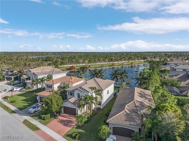 aerial view featuring a water view