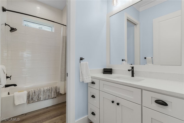 bathroom featuring vanity, shower / bath combo, and hardwood / wood-style flooring