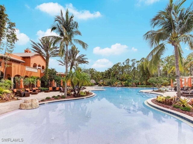 view of swimming pool with a patio