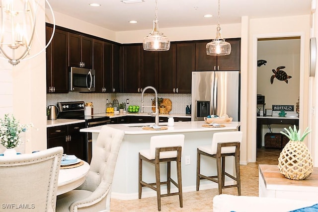 kitchen with stainless steel appliances, an island with sink, decorative backsplash, sink, and hanging light fixtures