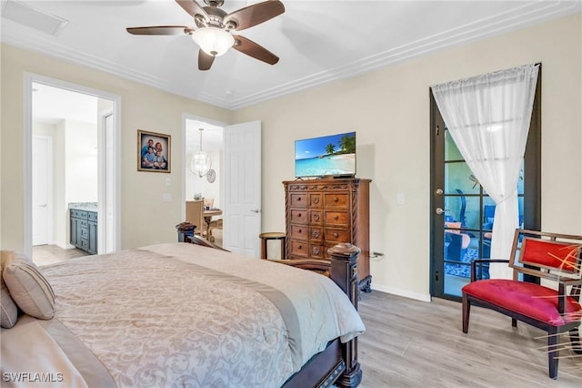 bedroom with ceiling fan, light hardwood / wood-style floors, and ensuite bath