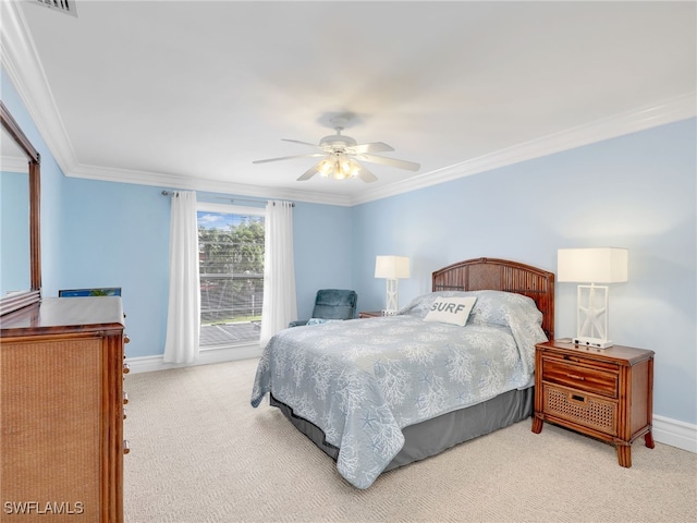 carpeted bedroom with ceiling fan, access to exterior, and ornamental molding