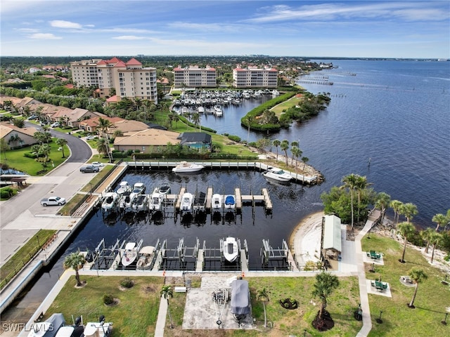 bird's eye view with a water view