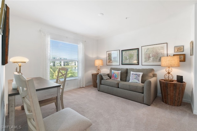 living room featuring light carpet