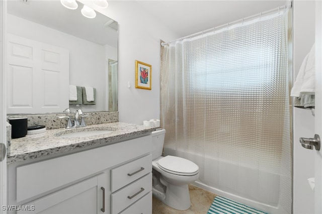 full bathroom featuring tile patterned flooring, shower / bath combination with curtain, vanity, and toilet