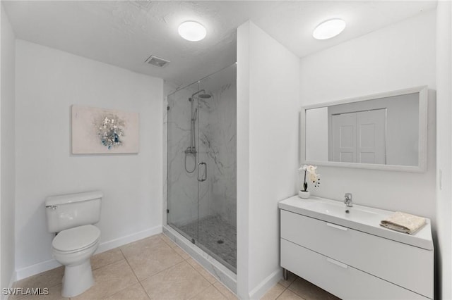 bathroom featuring tile patterned flooring, vanity, toilet, and an enclosed shower