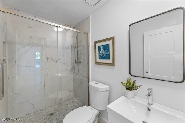 bathroom featuring an enclosed shower, sink, and toilet