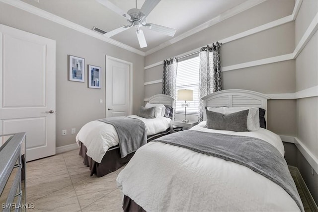 bedroom featuring light tile patterned floors, ceiling fan, and crown molding