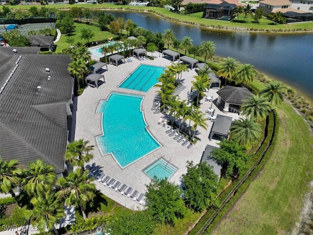 drone / aerial view with a water view