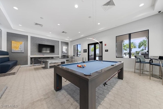 recreation room featuring french doors and pool table