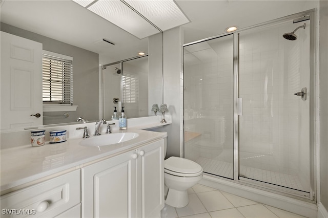 bathroom featuring tile patterned floors, vanity, toilet, and an enclosed shower