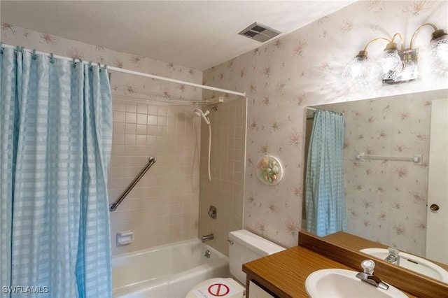 full bathroom featuring vanity, toilet, and shower / bathtub combination with curtain