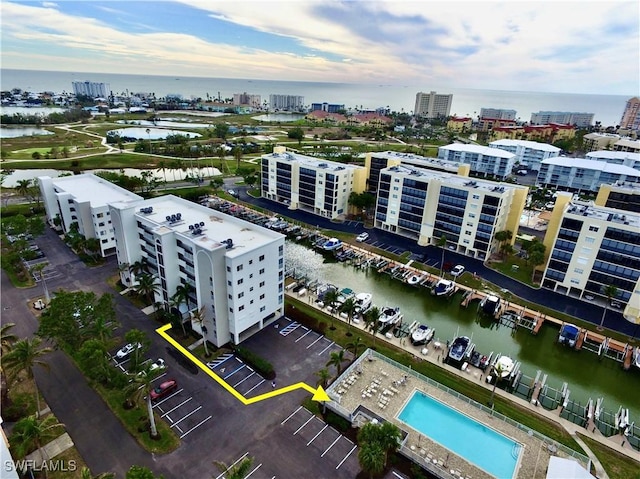 drone / aerial view featuring a water view