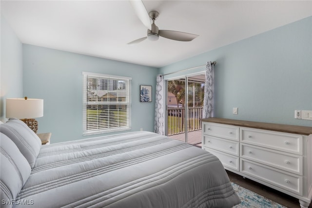 bedroom featuring access to exterior and ceiling fan