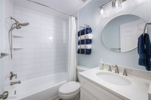 full bathroom with vanity, shower / tub combo with curtain, and toilet