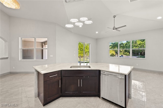 kitchen with sink, vaulted ceiling, stainless steel dishwasher, ceiling fan, and dark brown cabinetry