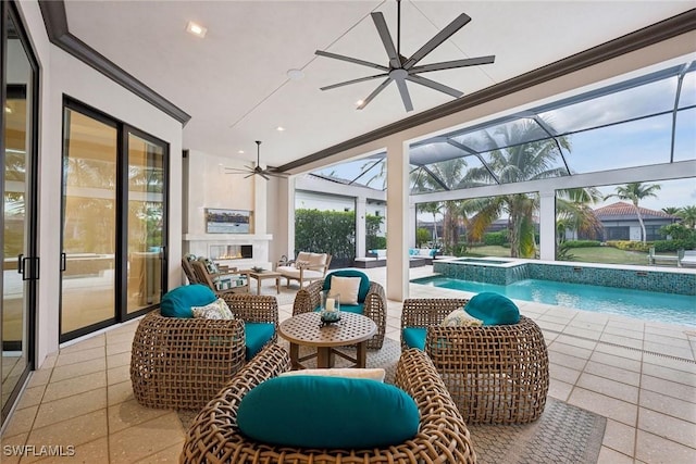 view of pool featuring ceiling fan, a patio, an outdoor living space with a fireplace, and a lanai