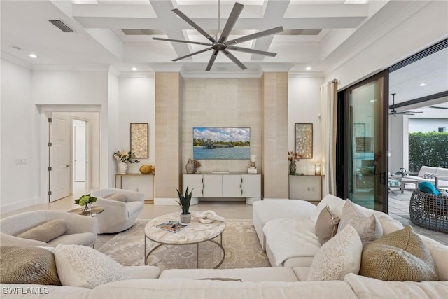 living room featuring coffered ceiling, a towering ceiling, ceiling fan, and ornamental molding