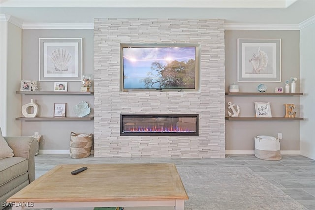 living room featuring a fireplace and ornamental molding