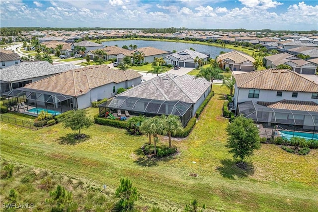 aerial view featuring a water view