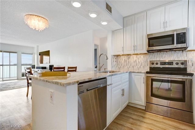 kitchen featuring white cabinets, sink, kitchen peninsula, and stainless steel appliances