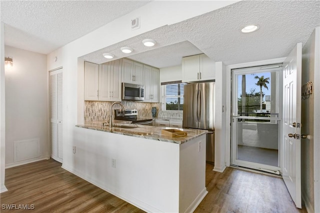 kitchen with kitchen peninsula, decorative backsplash, stainless steel appliances, and light stone counters