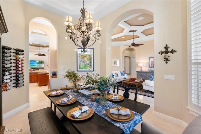 dining space with coffered ceiling, ceiling fan with notable chandelier, light tile patterned floors, and ornamental molding