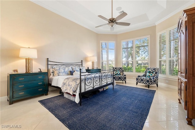 bedroom with crown molding, light tile patterned floors, and ceiling fan