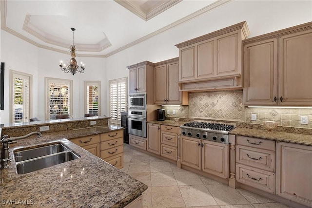 kitchen with stainless steel appliances, a raised ceiling, sink, decorative light fixtures, and an inviting chandelier