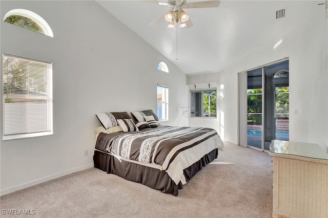 bedroom with high vaulted ceiling, ceiling fan, light colored carpet, and access to outside