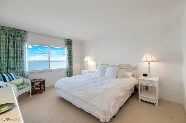 carpeted bedroom with a water view