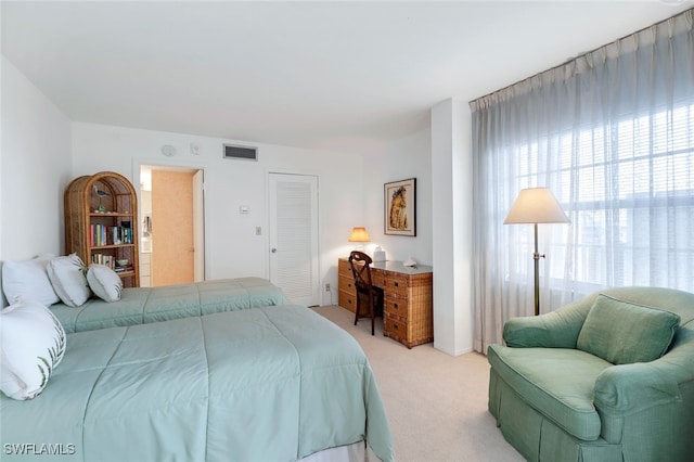 carpeted bedroom with a closet and multiple windows