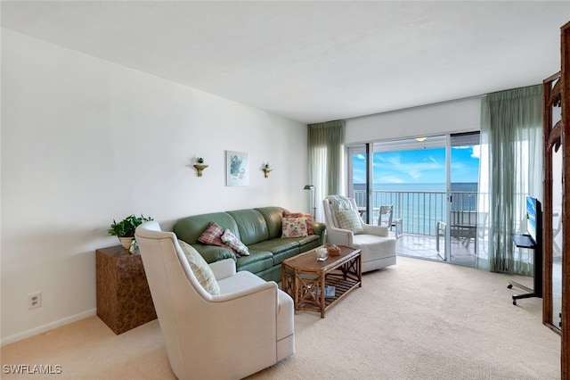 carpeted living room with a water view