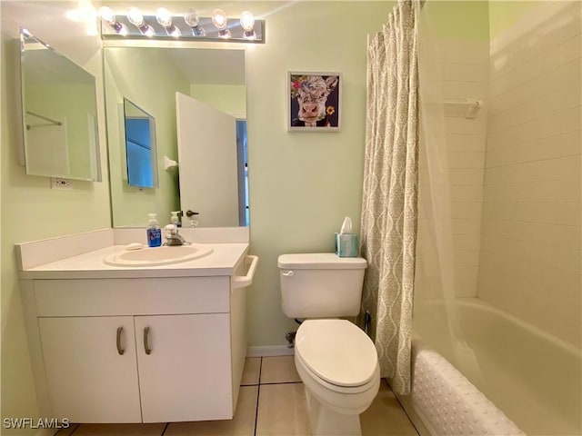 full bathroom with shower / bathtub combination with curtain, tile patterned floors, toilet, and vanity