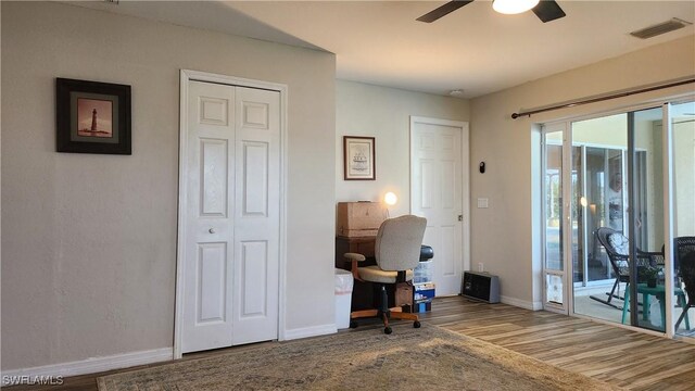 office area featuring ceiling fan and hardwood / wood-style flooring