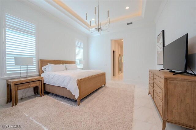 bedroom featuring a tray ceiling, marble finish floor, visible vents, an inviting chandelier, and baseboards