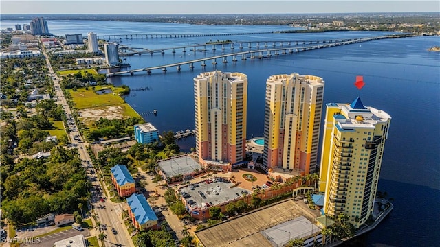 aerial view featuring a water view