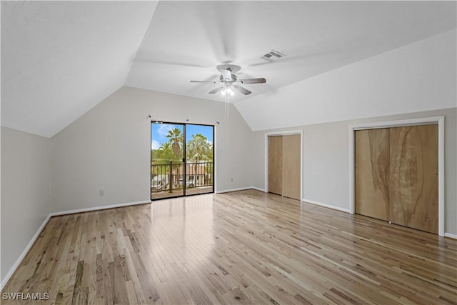 bonus room featuring ceiling fan, lofted ceiling, and light hardwood / wood-style flooring