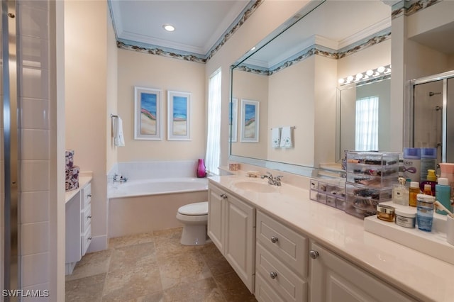 full bathroom with ornamental molding, vanity, a healthy amount of sunlight, and toilet