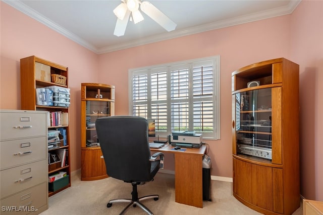 office area with light colored carpet, ceiling fan, and crown molding