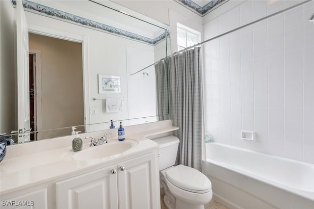 full bathroom with vanity, toilet, and shower / bathtub combination with curtain